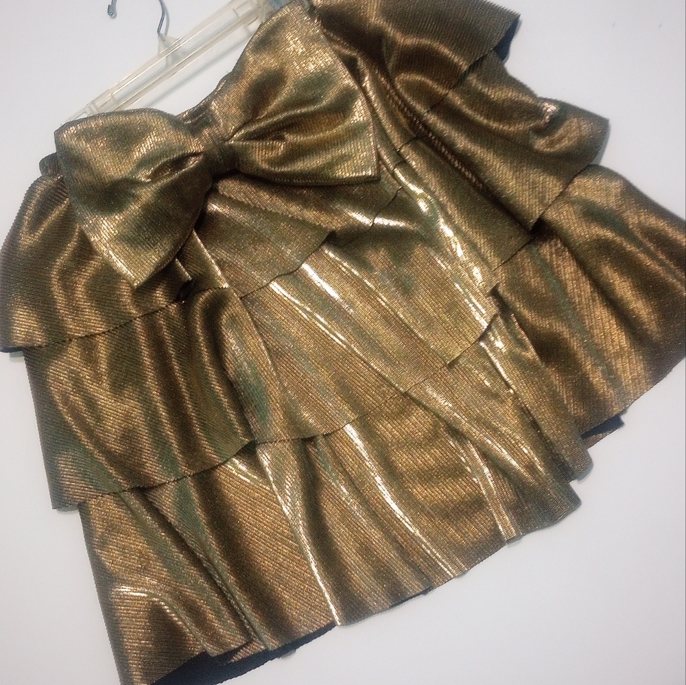 Show Me Your MuMu Shimmering Gold Metallic Tiered Ruffle Skirt with Bow